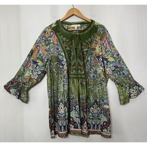 Farmers Market One World 3x Knit Velvet Bib Bell Sleeve Top Floral Paisley Boho